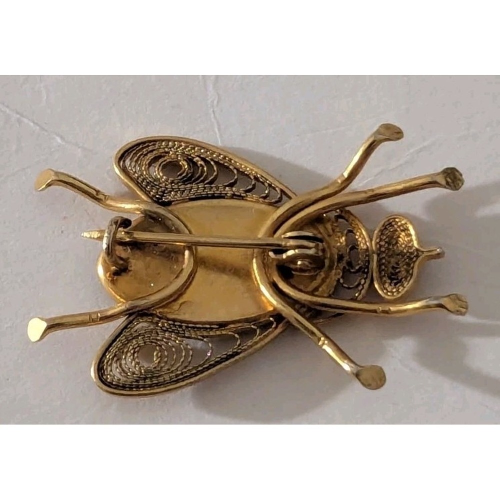 Vintage Damascene Insect Fly Bug Black & Gold Toned Filigree Brooch Pin Bird - Picture 3 of 5